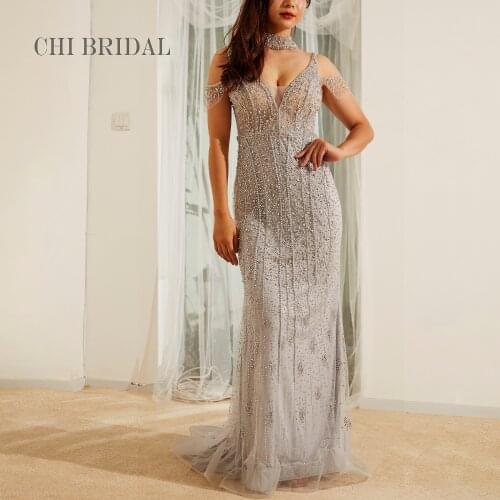 V-Neck Sleeveless Net Gauze Long Dress Heavy Beaded Fake Collar Drop Shoulder Decoration Evening Dress Fashionable And Luxurious