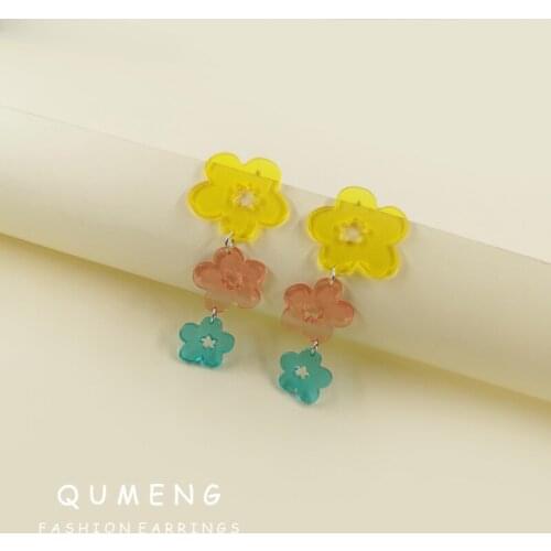 QUMENG Lovely Beautiful Long Candy Color Rainbow Flowers Acrylic Fringe Pendant Earrings Fashion Women Girls Daily Jewelry Wear