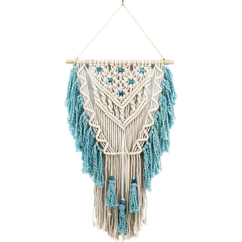 Blue Bohemian Macrame Wall Art Handmade Cotton Wall Hanging Tapestry Nordic Tapestry with Tassel Home Wedding Decoration