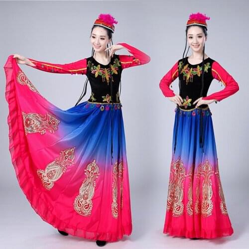 Xinjiang Dance Clothing Woman Show clothing Start Dance Will Skirt Pendulum Uygur Ethnic Group Dress Practice Skirt Nation Dance