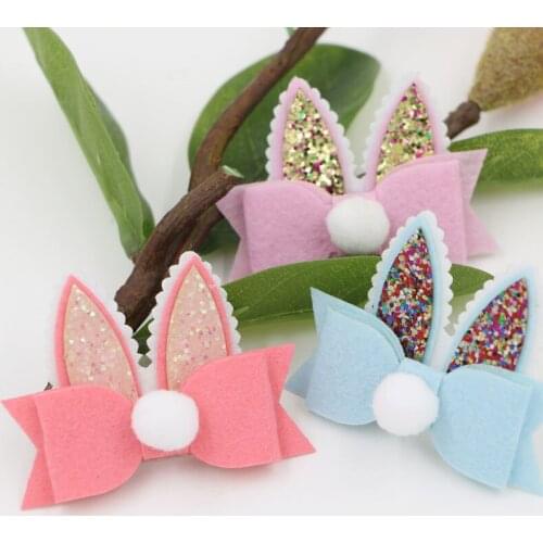 Handmade Craft Girls Hair Jewelry DIY Decoration Ornament Accessories Glitter Ribbon Bow Rabbit Ear Button Patch Sticker Decor