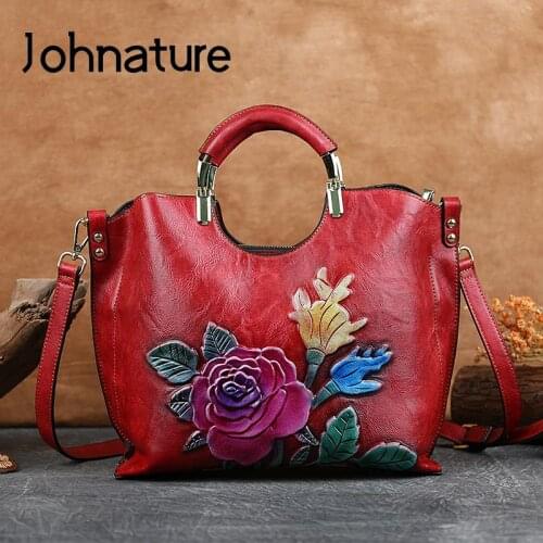 Johnature Luxury Handmade Embossed Women Tote Bag 2021 New Retro Large Capacity Leather Handbag Versatile Floral Shoulder Bags