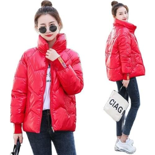 2021Women New Fashion Down Padded Jacket Female Winter Pure Color Zipper Korean Short Shiny Thickened Loose Padded Jacket A195Ch