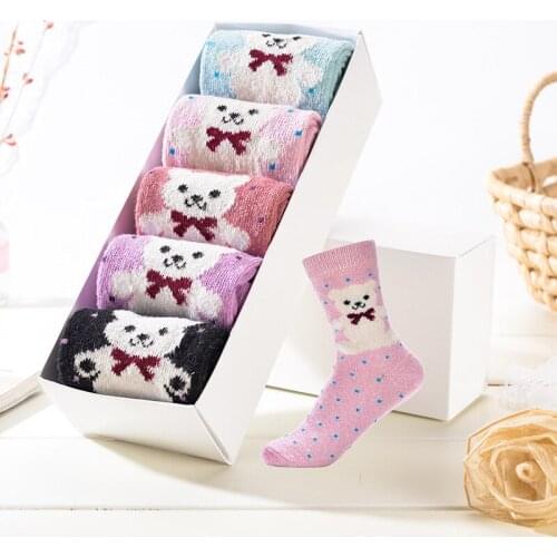 PEONFLY Lovely Cartoon Great Bear Woman Thickening Keep Warm Canister Womens Wool funny cute Socks women kawaii 5pairs/lot