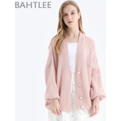 BAHTLEE Women Mohair Sweater Autumn Winter Gold Lurex Wool Knitted Jumper Cardigan Full Puff Sleeves V-Neck Loose Style Button