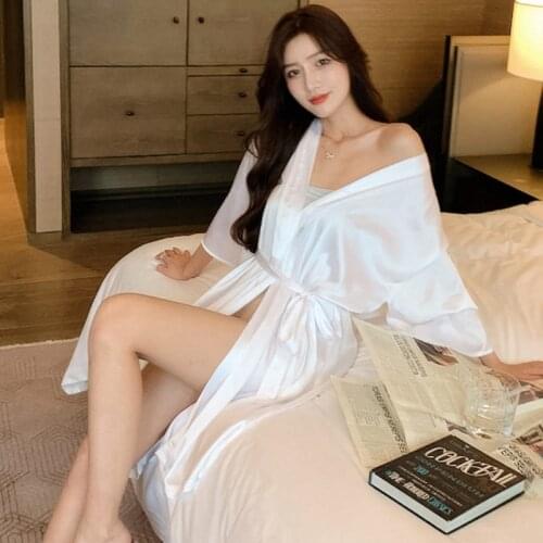 2021 Spring Autumn Sexy Silk Satin Kimono Long Bridal Robes for Women Long Sleeve Bathrobe Sleepwear Homewear Night Dress Nighty