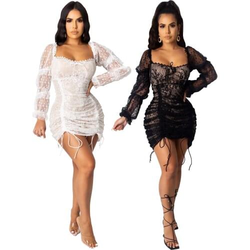 Women Sexy Polka Dots Sheer Mesh Lace Dress Strapless Long Sleeve Drawstring Bodycon Mini Night Club Party Dresses RV496