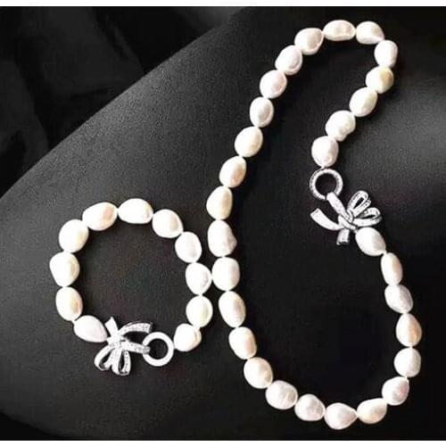 Free shipping Jewelry 9-10mm natural baroque south sea white pearl necklace bracelet micro inlay zircon crystal