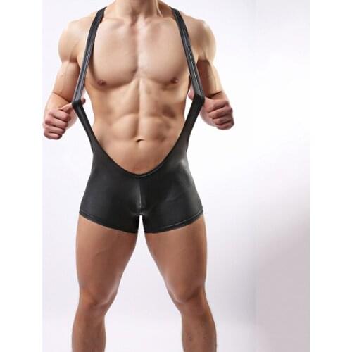 Free Shipping Patent Leather Mens Underwear Boxer Shorts Black Faux Leather Bodysuit Wrestling Singlet Catsuit Exotic Slips