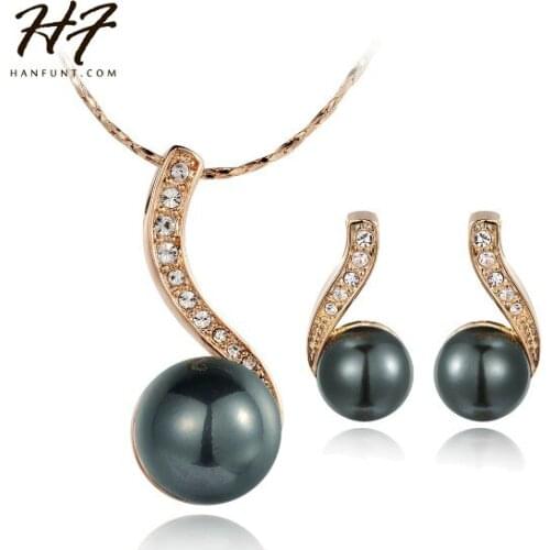 Black Imitation Pearl Rose Gold Color Necklace and Earring Jewelry Set Trendy Rhinestone Studded Jewellry For Women S277
