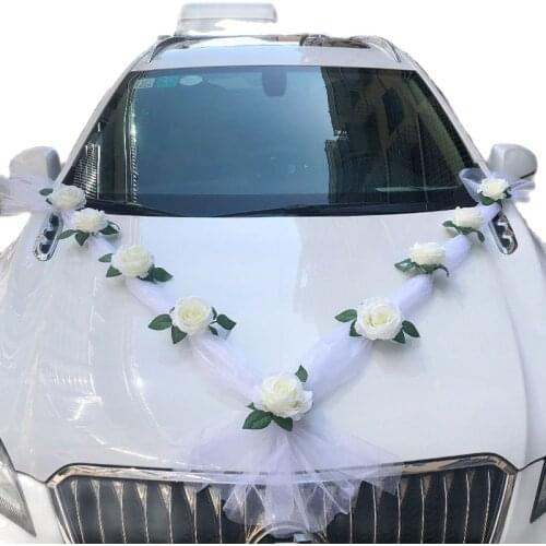 Artificial White Rose Wedding Car Decoration Flower with Ribbon Bridal Car DIY Mirror Handle Flowers