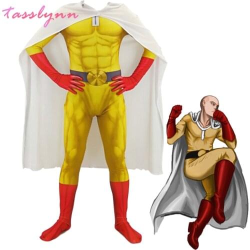 ONE PUNCH MAN Cosplay Costumes for Men Kids Super Hero Saitama Cosplay Bodysuit Halloween Jumpsuits Outfits with Cloak/Cape