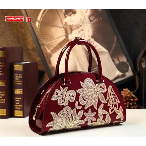Fashion Genuine Leather Versatile Embroidery Women Handbag 2021 New China Ethnic Style Middle-Aged Women Shoulder Messenger Bag