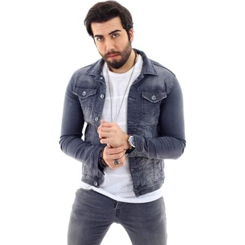 Mens Lycra Denim Jacket Gray 2021 Fashion Mens Jean, Outerwear, cowboy jacket, autumn and winter slim denim jacket casual