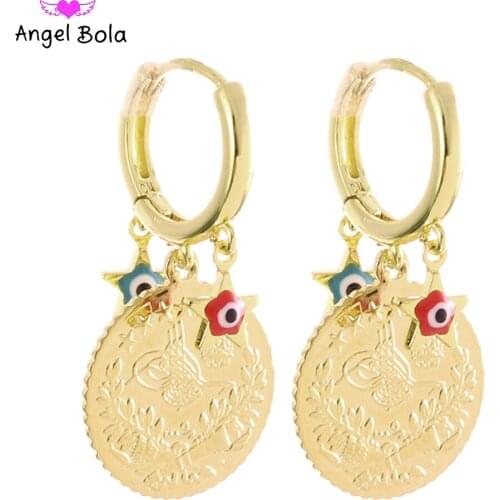 Fashion New Five-pointed Star Lucky Demon Eye Gold Coin Pendant Women Charm Earrings High-end Jewelry Party Holiday Gift