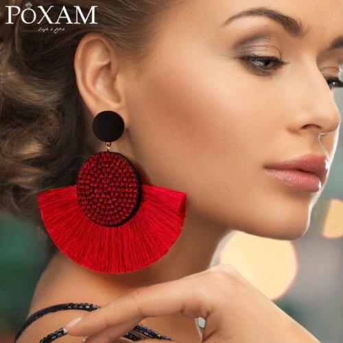 POXAM Bohemian Tassel Crystal Big Drop Earrings For Women Red Cotton Silk Fabric Fringe Earrings 2019 Fashion Womens Jewelry