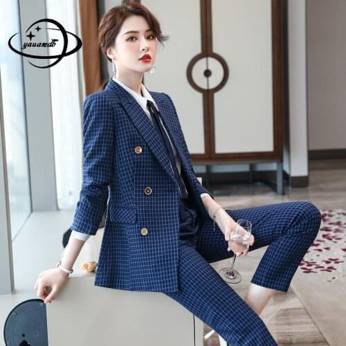 S-4xl Womens Pant Suits Spring Autumn Female Blazer Coat+Pants 2pcs Set Long Sleeve Plaid Double Breasted Ladies Clothes Hy146