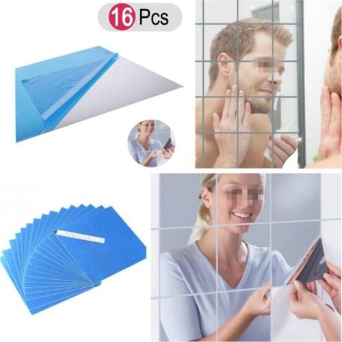 16pcs 15x15cm DIY Self Adhesive Mirror Wall Sticker Mirror Square Decal Wall Mirror Decoration 1mm (Silver)