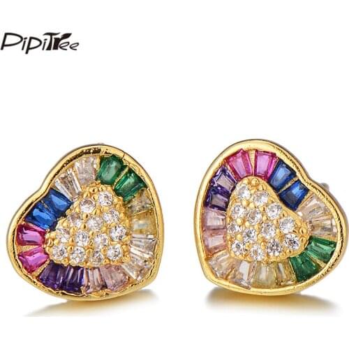 Pipitree Bling Cubic Zirconia Crystal Heart Earrings Mini Small Lover Women Stud Earrings Wedding CZ Jewelry Copper Gold Color
