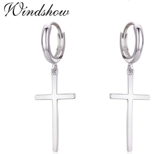 Real 925 Sterling Silver Small Loop Circle Cross Charm Drop Dangle Earrings For Women Girls Kids Men Jewelry Gift Aros Kolczyki