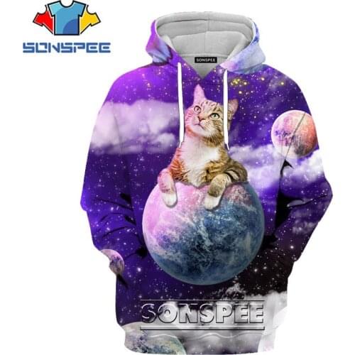 SONSPEE Anime 3D Print Cute Cat Hoodie Men Women Swtearshirt Funny Space Cat Harajuku Cusaul Long Sleeves Top Loose Hoodies