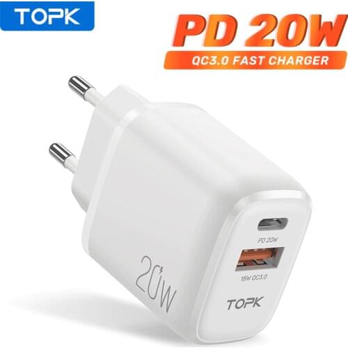 TOPK 20W Quick Charge 3.0 USB Type C PD Charger For iPhone 12 Pro Max X Xs 8 Xiaomi USB C Fast Charging Travel Wall Charger