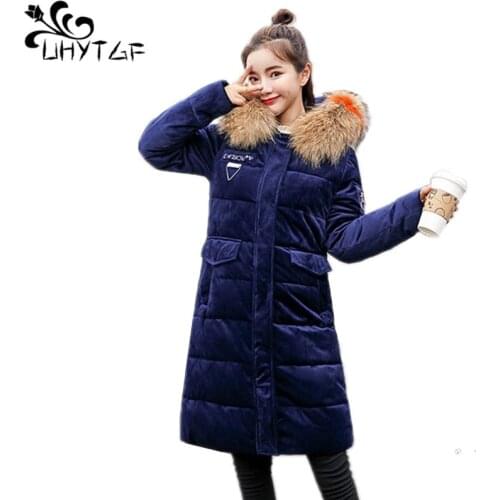 UHYTGF Winter Women Gold Velvet Jacket For Women Slim Hooded Coat Female Long Parka Big Fur Collar Thick Warm Women Outwear X364