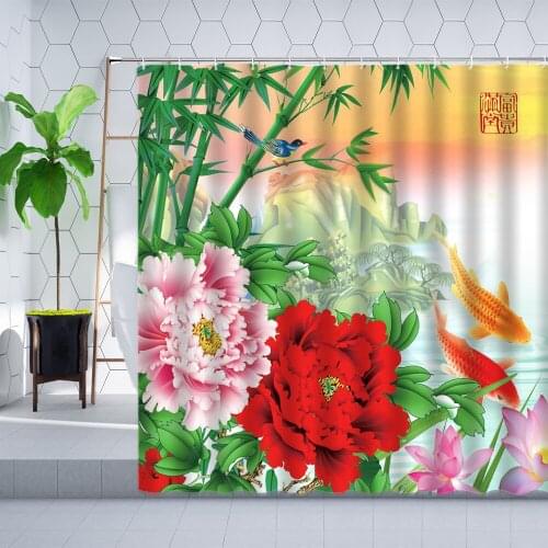Chinese Style Shower Curtain Peony Green Bamboo Carp Mountain Flower Plant Landscape Bathroom Decor Polyester Cloth Curtains Set