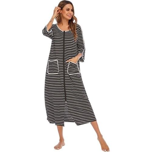 Women Nightgown With Zipper Loungewear Night Dress Women Underwear Casual Loose Long Dress Sleepwear Home Clothes Dressing Gown
