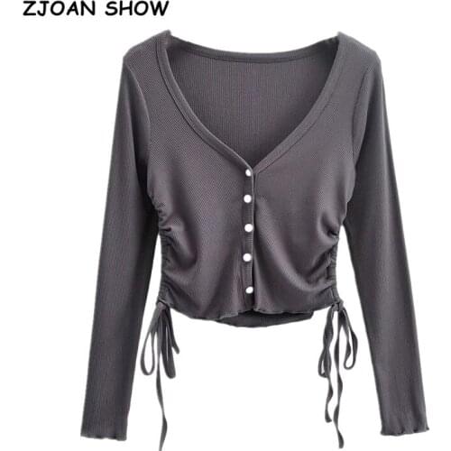 2021 Autumn V neck Single-breasted Buttons Side Lacing up Bandage Long sleeve Tee Elegant Women Tight t shirt Stretch Tops