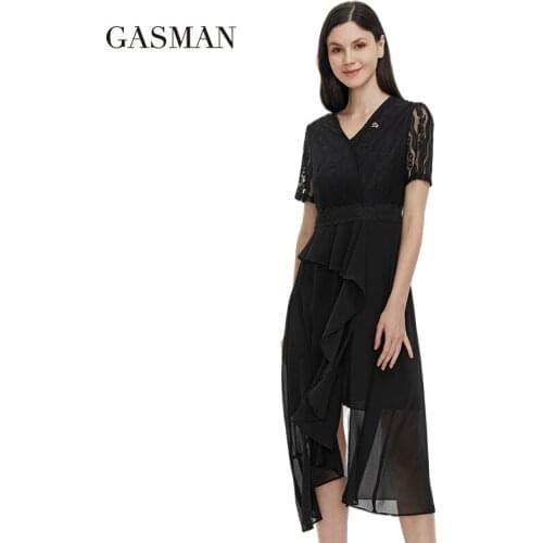 GASMAN New summer womens dress 2021 black long temperament shirt dresses V-neck Lace sleeves Exquisite hem plus size A21-19