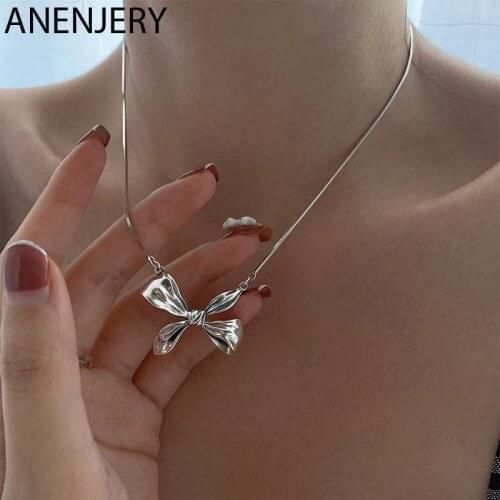 ANENJERY 925 Sterling Silver Big Bow-Knot Necklace For Women Simple Exaggerated Clavicle Chain Korean Jewelry