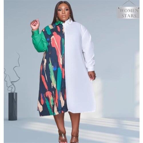 Shirts Dress 2021 Plus Size Women Fall Clothing Wholesale Patchwork Casual Loose Single Button Fashion Maxi Dresses Dropshipping