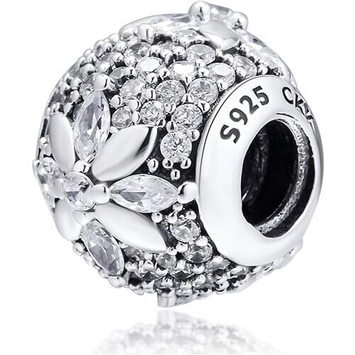 100% 925 Sterling Silver Jewelry Snowflake Pave Beads for fits for Charms Bracelets Necklaces Free Shipping