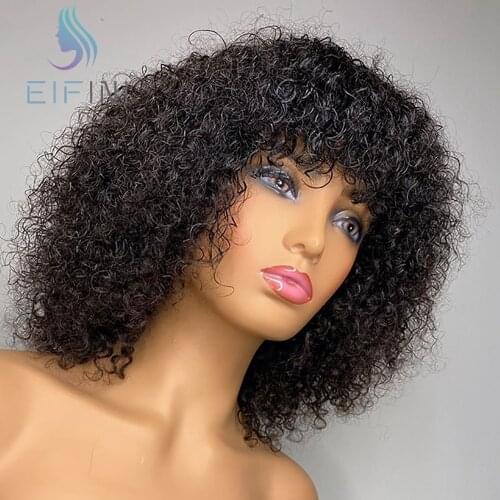 Brazilian Jerry Curly Human Hair Wigs With Bangs Full Machine Made Wigs For Black Women Remy Hair Cut Bob WigsWith Bangs Eifini