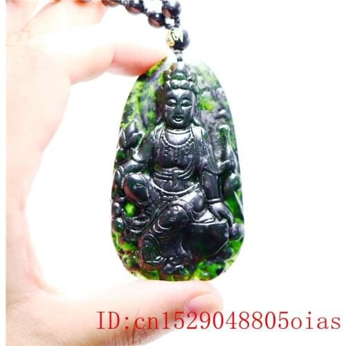 Black Green Jade Guanyin Pendant Necklace Amulet Jewellery Charm Natural Gifts Chinese Fashion Carved
