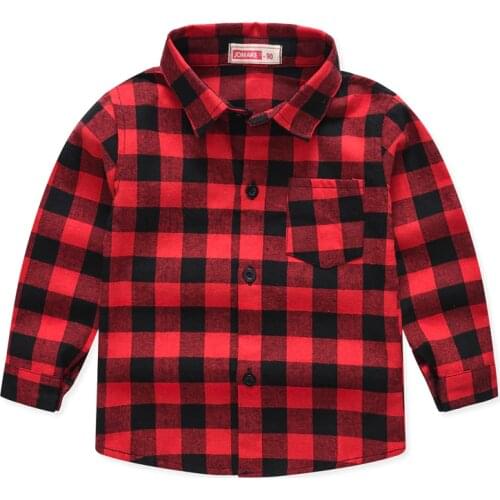 Boys Brushed cotton classic plaid shirt child Shirts kids school Blouse red tops clothes Kids Children plaid 2-7 years