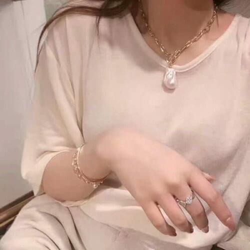 European and American style metal necklace white baroque pearl pendant sweater chain 48cm