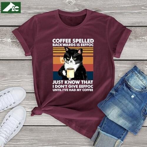 Funny cat t shirt women clothing Black Cat Coffee Spelled Backward Is Eeffoc graphic t-shirt 100 cotton women Shirts fashion top