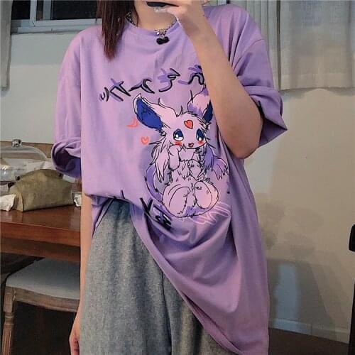 Kawaii summer Korean version Harajuku Japanese anime fox and rabbit print Grunge Graphic Tees Aesthetic Unisex Tshirt Female Y2K