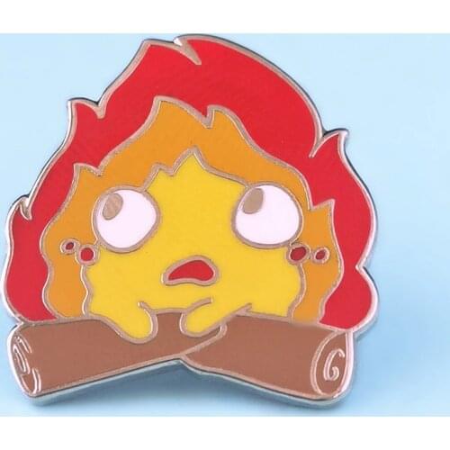 Classic Anime Calcifer LIT Fire with Wood Brooch Pins Enamel Metal Badges Lapel Pin Brooches Jackets Fashion Jewelry Accessories