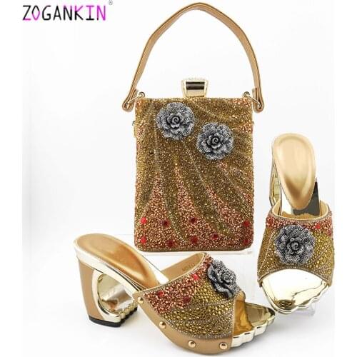 Classics Style Super High Heels Italian Shoes with Matching Bag for Woman Nigerian Shoes and Bag Set in Golden Color