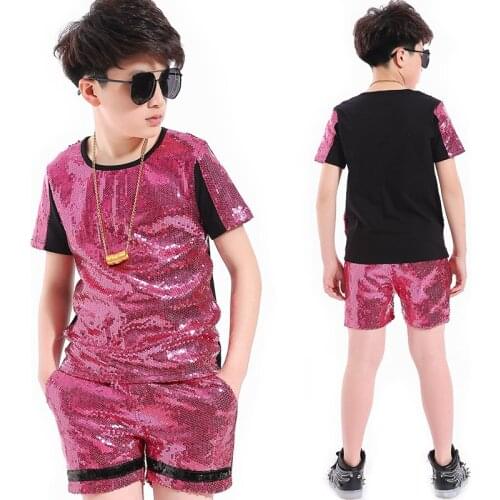 ChildrenS Day Jazz Dance Performance Costume Boys Hip Hop Street Costumes Drums Clothes Pink Sequins Short Sleeve Set DL3964
