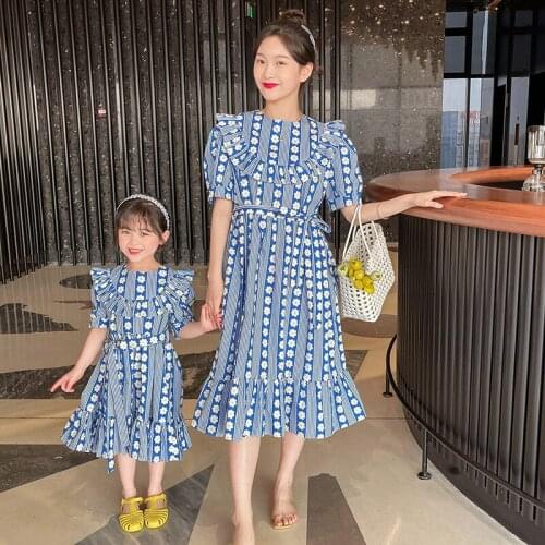 Mother Kids Matching Clothes Dress Summer Family Matching Outfits Korean Ruffles Flower Print Dresses For Mother And Daughter