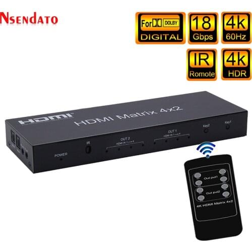4K HDMI Matrix 4X2 4K@60Hz HDMI 4X2 Matrix with audio 4 in 2 YUV 4：4：4 Optical SPDIF 3.5mm jack HDR HDMI matrix Switcher Switch