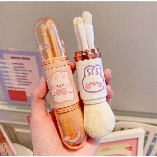 Cartoon Telescopic 4 in 1 Travel Portable Makeup Brushes Set Eyeshadow Brush Lip Cosmetics For Face Makeup Brush Kit