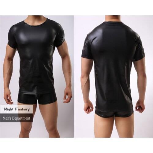 Men Sexy PU Leather T-shirt Skinny Slim Fit Top Body Shape Tight Tees Elastic Latex Shirt Men Fetish Clothes Casual T shirt