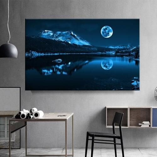 Nordic style Wall Art For Living Room Home Decor Picture Canvas Painting Mountain Lake Moon Nature Landscape