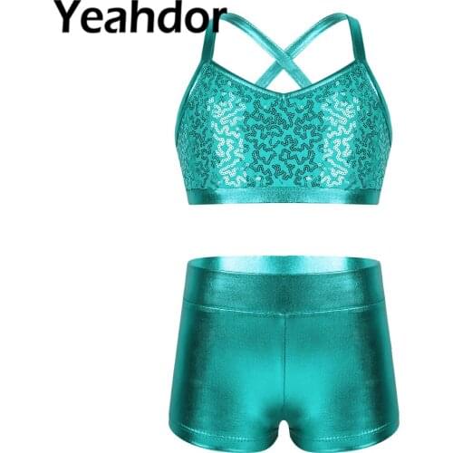 New Kids Girls Ballet Dance Costume Gym Workout Dancewear Spaghetti Shoulder Straps Shiny Sequins Tank Top with Bottoms Set