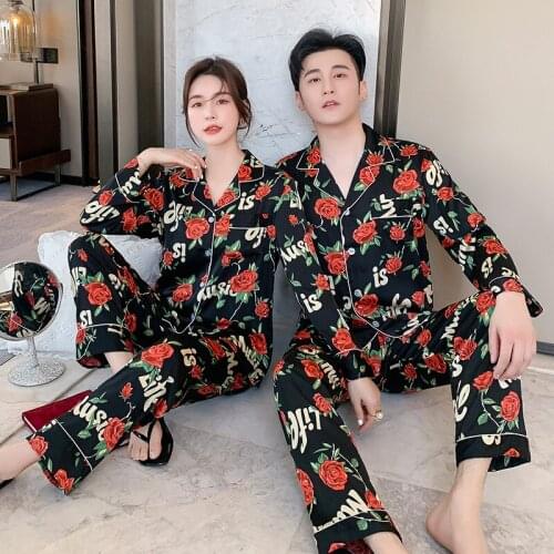 Womens Pajamas Autumn Lovers Red Rose Print Button-down Black Long Sleeve Sleepwear 2 Pieces Set Men and Women Home Clothes